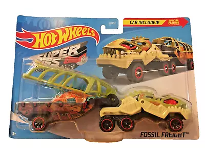 Buy Hot Wheels Super Rigs Fossil Freight 3 Piece Dino Transporter Car Included *BN* • 13.50£