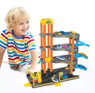 Buy Kids Car Parking Lot Garage 4-Storeys With Rotate-to-Raise Lift Includes 4 Cars • 18.97£