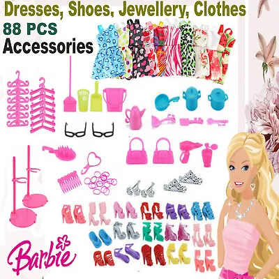 Buy 88pcs Barbie Doll Dresses Shoes & Jewellery Clothes Fashion Accessories Toys Set • 7.85£