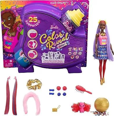 Buy Barbie Color Reveal Glitter Hair Swaps Doll With 25 Hairstyling Outfit Party Fun • 45.53£
