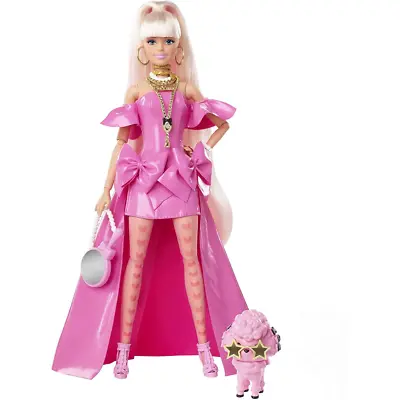 Buy Barbie Extra Fancy Doll In Pink Glossy High-Low Gown With Pet Puppy Long Hair • 39.99£