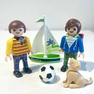 Buy Playmobil Figures: 2 X Young Boys Playing Football With Their Puppy + Boat • 4.50£
