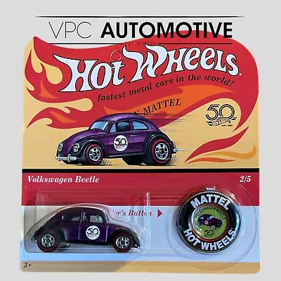 Buy 2018 Hot Wheels 50th Anniversary Red Line Replica VW Beetle + Collector's Button • 24.99£