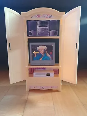 Buy Barbie Living Room Cabinet With TV DVD Player For Opening 90s Like New • 8.60£