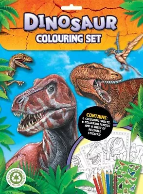 Buy Dinosaur Colouring Set - 8 Colouring Sheets Pencils & Reusable Stickers Age 3+ • 4.20£