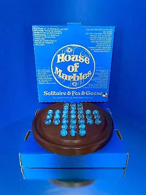 Buy Vintage HOUSE OF MARBLES Mahogany Wood Board & 33 BLUE GLASS MARBLES MINT BOXED • 35£