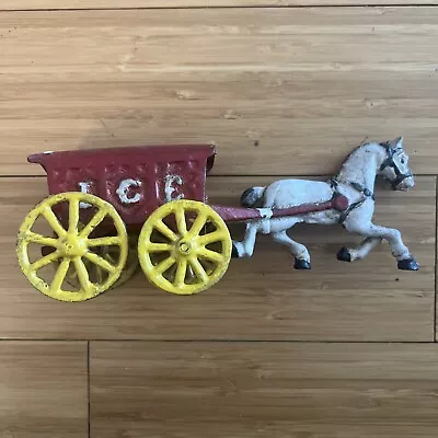 Buy Vintage Cast Iron Toy Horse With Ice Wagon Cart Wheels Move • 14.48£