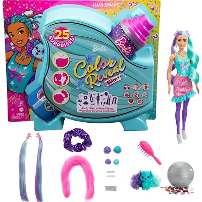 Buy Barbie Color Reveal Glitter! Hair Swaps Doll 25 Hairstyling & Surprises - Purple • 24.99£