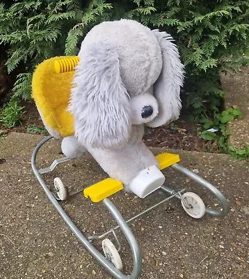 Buy Vintage 60s Fluffy Dog Ride On Rocker Toy Rocking Wheels Grey/Yellow Toddler Bab • 59.99£