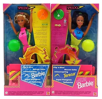 Buy 2x 1997 Mattel Speedo Flip 'n Dive Barbie Dolls: Teresa 18983 + Barbie 18980 • 81.97£