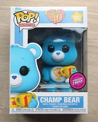 Buy Funko Pop Care Bears Champ Bear Flocked CHASE + Free Protector • 29.99£