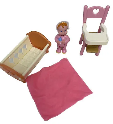 Buy Fisher Price Loving Family Dolls House Furniture Pink Cot Baby Girl + High Chair • 17.99£