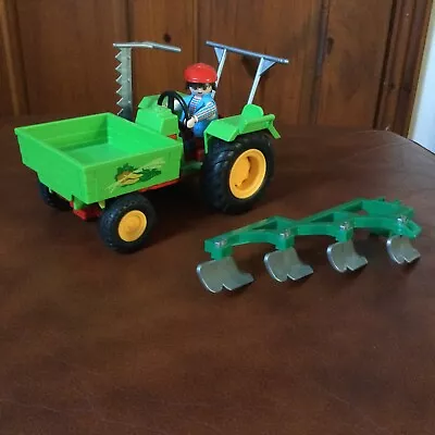 Buy Vintage Green Playmobil Tractor With Load Area, Plough And Farmer • 13.50£