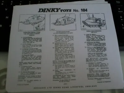 Buy Dinky Toys 104 SPV  Replacement Instruction Sheet • 3£