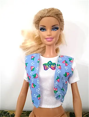 Buy 1995 Barbie Shopping Fun Strawberry Blue Vest T-shirt - B824 • 7.21£