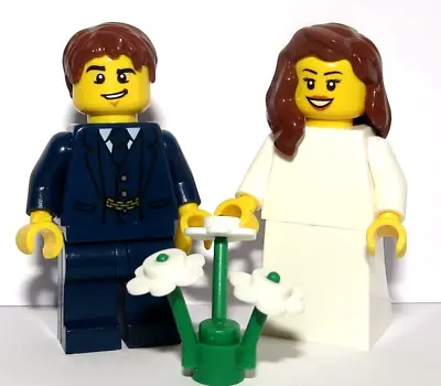Buy LEGO Bride Brown Hair &Groom Dark Blue Suit Best Man Wedding Minifigure Flowers • 9.25£
