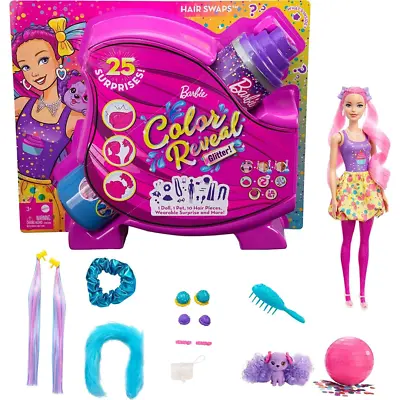 Buy Barbie Color Reveal Glitter! Hair Swaps Doll 25 Hairstyling & Surprises - Pink • 24.99£
