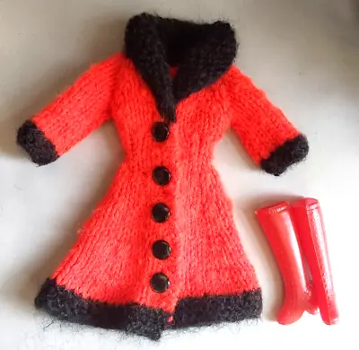 Buy Vintage BARBIE  Hand Knit Coat & Boots Orange Fire Red & Black OOAK • 27.99£