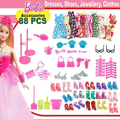 Buy 88pcs Barbie Doll Dresses Shoes Jewellery Clothes Fashion Accessories Toy Set • 7.79£