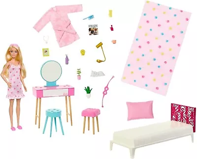 Buy Barbie Playsset Pink Bedroom With Doll And Full Set + 20 Accessories • 66.70£