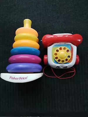 Buy Vintage Fisher Price 7 Rainbow Coloured Rings Rock A Stack & Pull Along Toy Phon • 10.95£