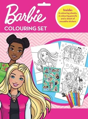 Buy Barbie Colouring Set - 8 Colouring Sheets Pencils & Reusable Stickers Age 3+ • 4.20£