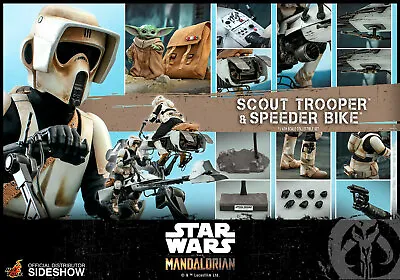 Buy Star Wars Mandalorian Scout Trooper And Speeder Bike + Grogu 1/6 Hot Toys TMS017 • 591.09£