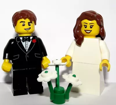 Buy LEGO Bride Brown Hair & Groom Black Suit Bow Tie Wedding Minifigure Flowers • 9.50£