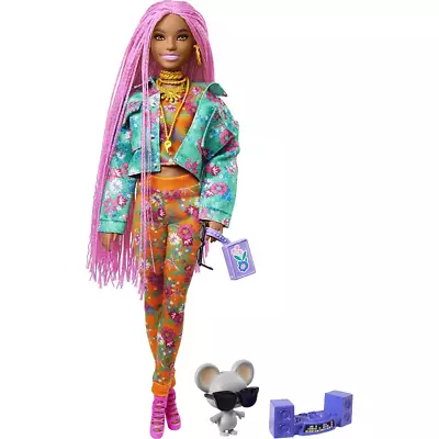 Buy Barbie Extra Doll In Floral-Print Jacket & Jogger Set With DJ Mouse Pet • 24.99£