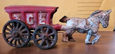 Buy Vintage Cast Iron Toy Horse With Ice Wagon Cart Wheels Move • 10.39£
