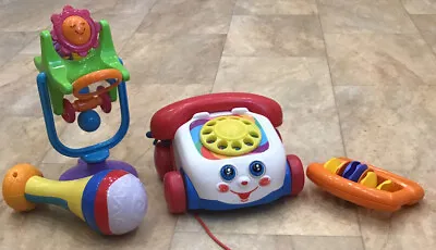 Buy Baby Plastic Toy Bundle Fisher Price Pull Along Phone Rattles High Chair Toy • 12.50£