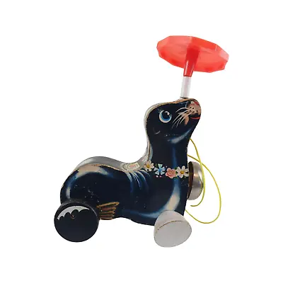 Buy Fisher-Price Suzie Seal Pull Toy Black With Umbrella Bell Wooden Vintage • 30£
