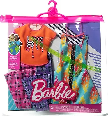 Buy Barbie Fashions 2pk Love T-Shirt Check Flared Pants Flames Print Dress Brand New • 16.99£