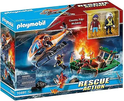 Buy PLAYMOBIL Coastal Fire Rescue Mission Rescue Action Helicopter Boat  #70491 • 32.99£