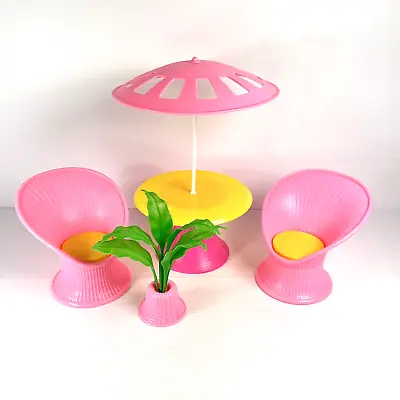 Buy Vintage 1987 Barbie Pink & Yellow Patio Set Chairs Table Plant By Arco Mattel • 16.49£