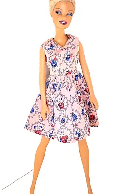 Buy BARBIE 70s Delicious Pink Red Flower Blue Cotton Flared Dress B794 • 12.36£