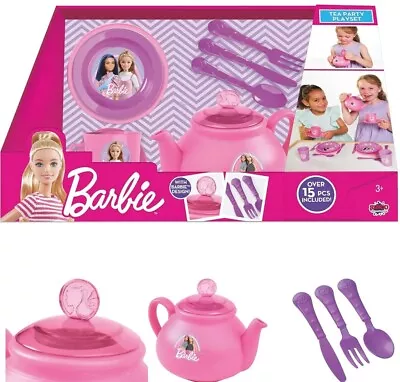 Buy Barbie 15pc Tea Set Teapot Cups Plates Cutlery Mattel Playset Kitchen Pretend • 19.99£