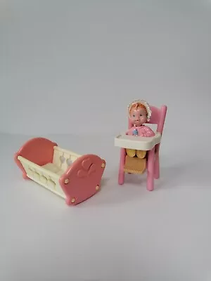 Buy Fisher Price Loving Family Dolls House Furniture Pink Cot Baby Girl + High Chair • 15.99£