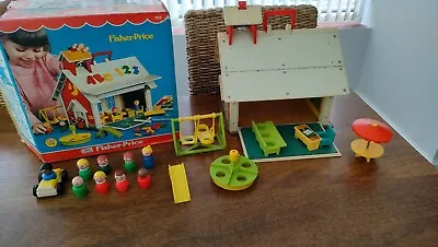 Buy VINTAGE FISHER PRICE FAMILY SCHOOL HOUSE, PEOPLE, CARS, SWING FROM THE 1970s • 39.99£
