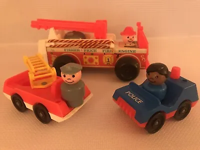 Buy Vintage Fisher Price Fire Engine Police Car & Fire Truck & 2 Figures • 17.99£