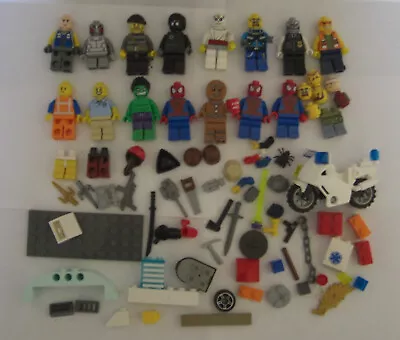 Buy 16 Lego Minifigures & Accessories Spiderman Hulk Gingerbread Man Police Bike Etc • 11.99£