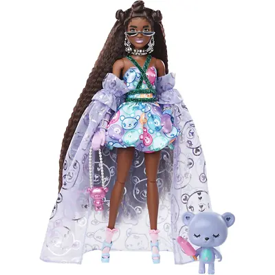 Buy Barbie Extra Fancy Doll In Teddy-Print Gown With Sheer Teddy Bear Pet Long Hair • 34.99£