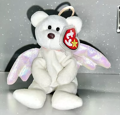 Buy Ty Beanie White Pink Baby Angel Wings Halo Bear 1998 Nose Memorial Birth Gift • 92£