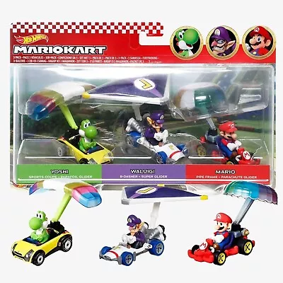 Buy Hot Wheels Super Mario Character Car 3-Pack Parachute Glider Yoshi Waluigi Race • 34.15£