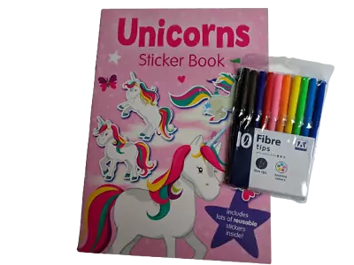 Buy Unicorn Reusable Stickers Colouring Book Purple & Pack Of 10 Felt Pens • 4.45£