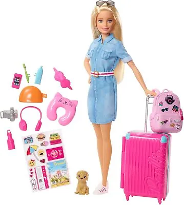Buy Barbie Travel - Doll, Chien, Suitcase, Stickers And 10 Accessories - New • 29.92£