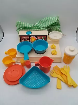 Buy Vintage Fisher Price Toy Kitchen Set 1978 Hob Pan Plates Cups Jug Utensils Bag • 12£
