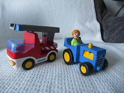 Buy Playmobil - 1990 Vintage Blue And Yellow Tractor  And 2007 Fire Engine 123. • 5£