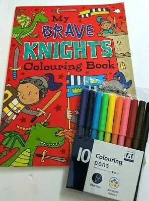 Buy Brave Knights Colouring Book & Pack Of 10 Felt Pens • 4.20£