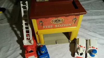 Buy Vintage Fisher Price Fire Station With Fire Engine And 2 Other Vehicles And Driv • 15£